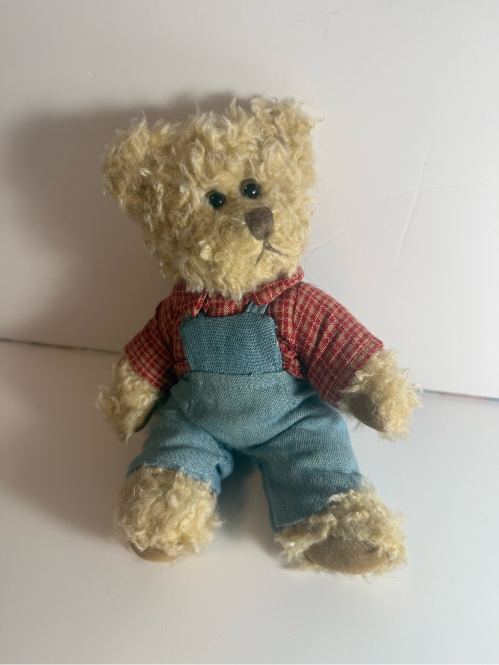 VTG W/Tag Russ Heartland Plush Teddy Bear Wearing Red and White Checked Overalls